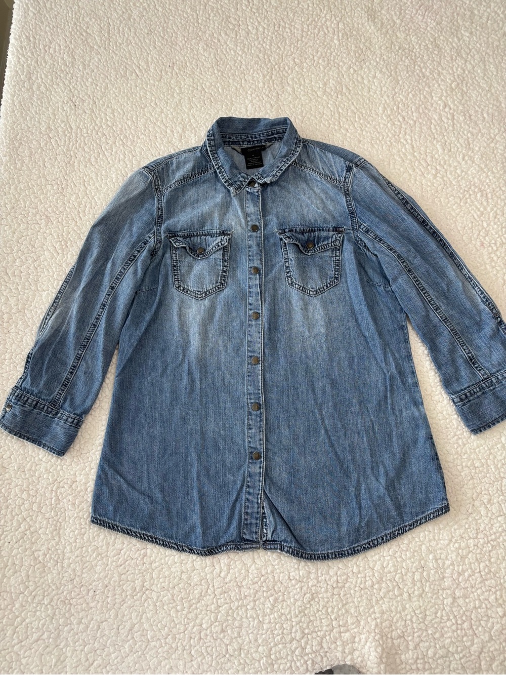 Vintage 90s Grunge Calvin Klein Chambray Denim Utility Shirt Dual Flap Pockets M